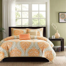 Load image into Gallery viewer, California King size 5-Piece Comforter Set in Orange Damask Print