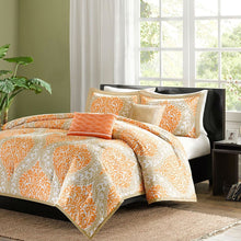 Load image into Gallery viewer, King size 5-Piece Comforter Set in Orange Damask Print
