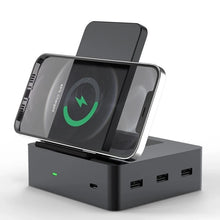 Load image into Gallery viewer, 6 in 1 15W Wireless Charger + Earbuds Wireless Charger + 3 * USB-A + 1 * Type-C Ports Stand Docking Station
