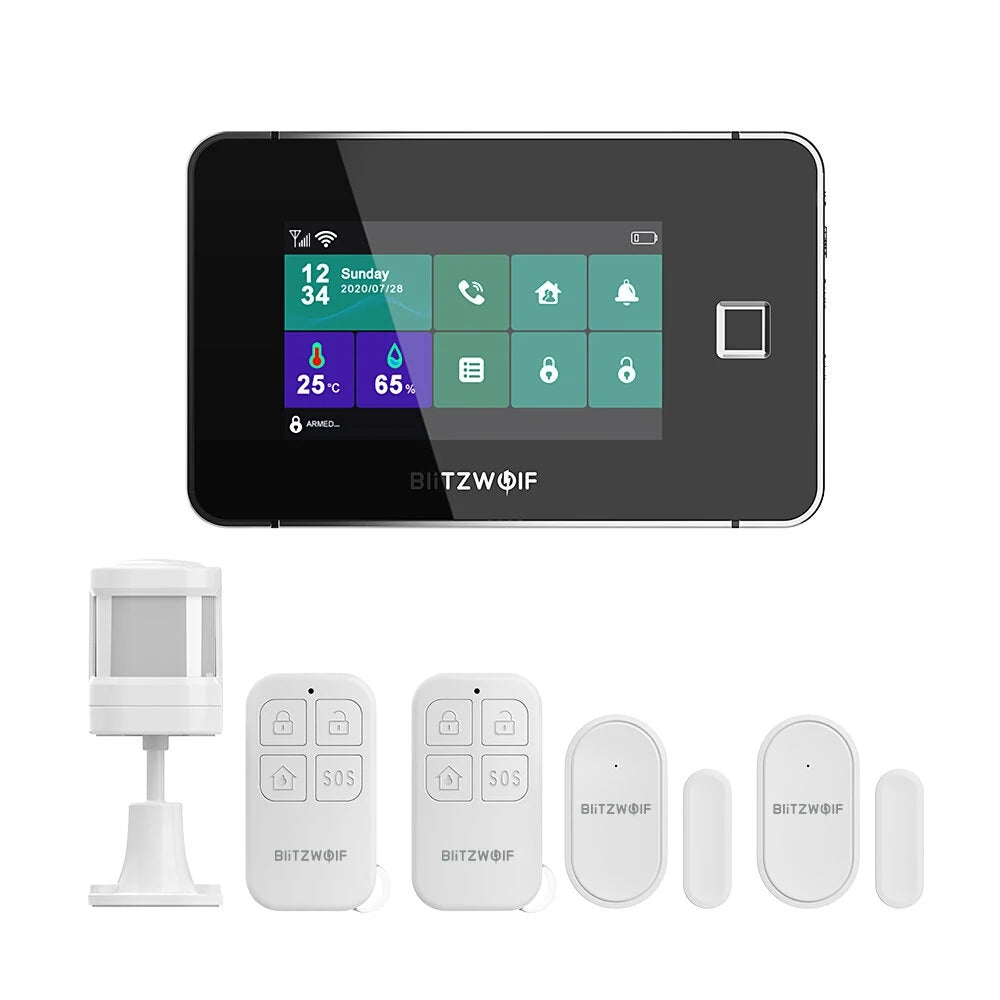 4.3 Inch Fingerprint Unlock Touch Display Smart Alarm System Hub / 2 * Window & Door Sensors / 1 * Motion Detector / 2 * Remote Controllers - Black