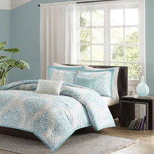 Load image into Gallery viewer, Full / Queen size 5-Piece Damask Comforter Set in Light Blue White and Grey
