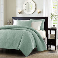 Load image into Gallery viewer, King size Seafoam Green Blue Coverlet Set with Quilted Floral Pattern
