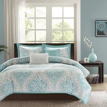 Load image into Gallery viewer, Twin / Twin XL Comforter Set in Light Blue White Grey Damask Pattern
