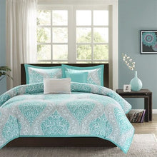Load image into Gallery viewer, Twin / Twin XL Aqua Teal Turquoise Blue White Modern Damask Comforter Set
