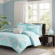 Load image into Gallery viewer, Twin / Twin XL Aqua Teal Turquoise Blue White Modern Damask Comforter Set
