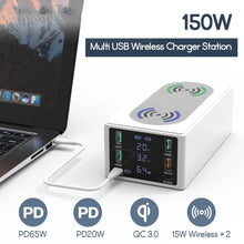 Load image into Gallery viewer, 150W 8 In 1 LED Display 6-Ports USB PD Charger &amp; Dual 15W Wireless Charger Desktop Charging Station
