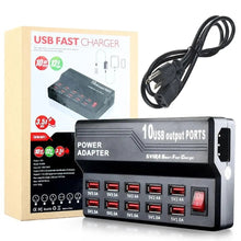 Load image into Gallery viewer, 60W 10 Ports Family Size Desktop Smart Ports Rapid Charging Station USB Charger
