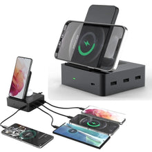 Load image into Gallery viewer, 6 in 1 15W Wireless Charger + Earbuds Wireless Charger + 3 * USB-A + 1 * Type-C Ports Stand Docking Station
